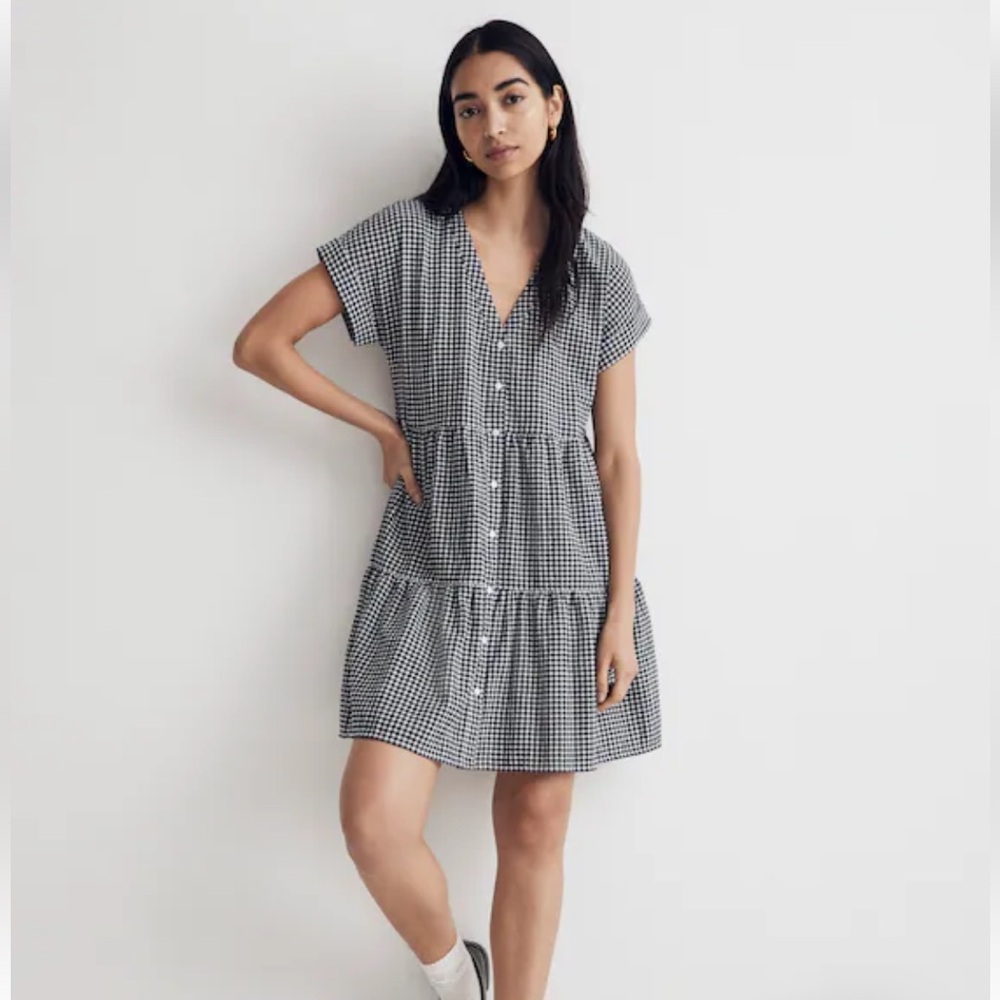 Madewell Cuff Sleeve Button Front Tiered Mini Dress in Gingham Check